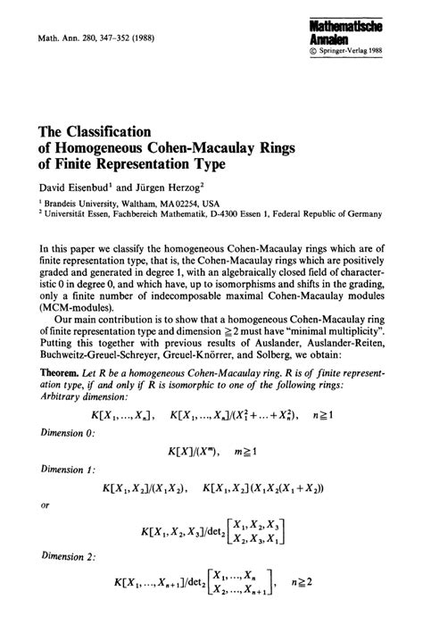 Pdf The Classification Of Homogeneous Cohen Macaulay Rings Of Finite