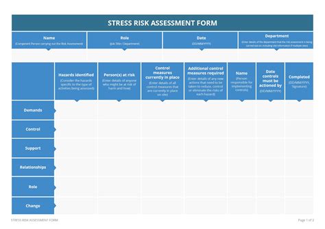 Workplace Stress Free Risk Assessment Template