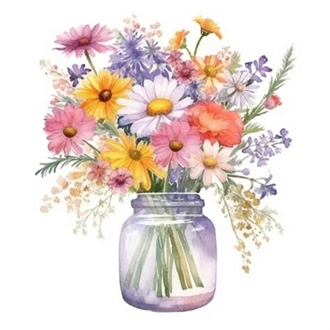 Uma Pintura De Um Vaso Cheio De Muitas Flores Coloridas Foto Premium