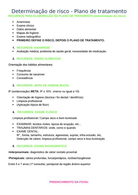 Plano De Tratamento Odontopediatria Determinação De Risco Plano De