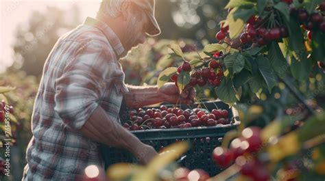 country man picking cherry   organic cherry plantationconcept