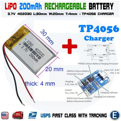 Tp4056 37v 200 Mah Rechargeable Lithium Battery Lipo 402030 Polymer