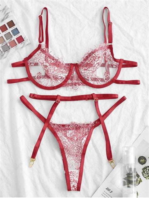 2021 Flower Lace Underwire Garter Lingerie Set In Red Zaful United