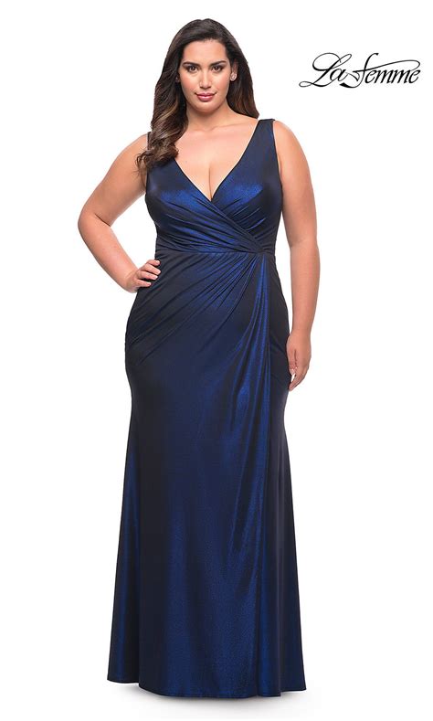 La Femme Metallic Long V Neck Plus Size Prom Gown