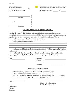 Small Claims Continuance Motion And Order Form Decatur County