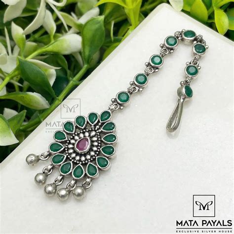 Greenish Leaf Oxidised Mangtika Mata Payals Exclusive Silver Jewellery