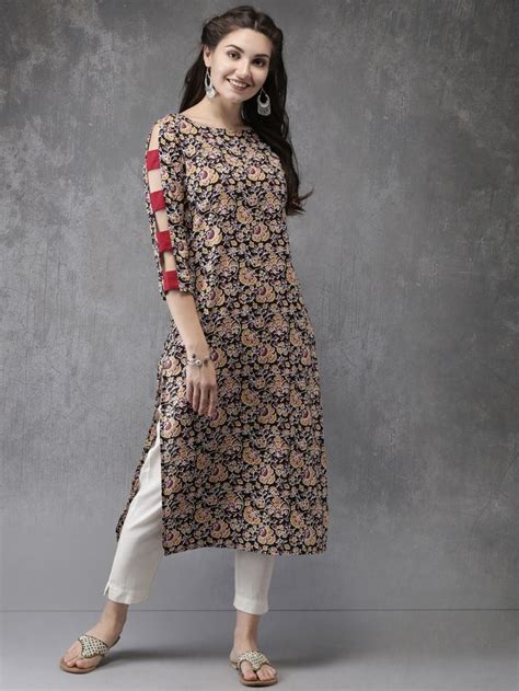 Buy Anouk Women Black And Mustard Yellow Printed Straight Kurta Kurtas