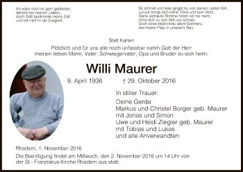 Traueranzeigen Von Willi Maurer Trauer Hna De