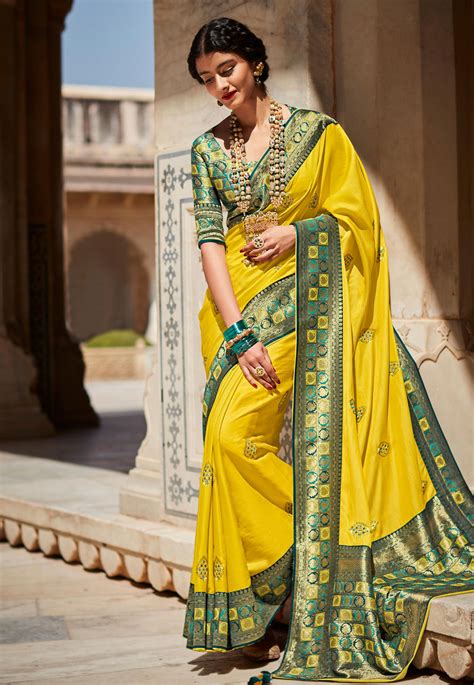 Silk Saree With Blouse In Yellow Colour 1453