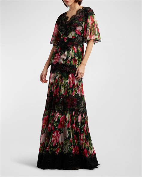 Tadashi Shoji Pleated Floral Print Lace Trim Gown In Black Floral