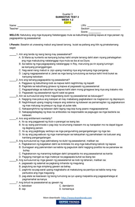 St Esp 8 Wk1 2 Esp 8 Week 1 2 Quarter 3 Summative Test 2 Week 1
