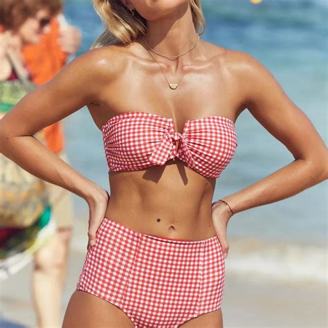 Women Fashion Push Up Padded Bra Beach Bikini Set Classic Red Plaid