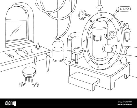 Time Machine In The Laboratory Graphic Black White Interior Sketch