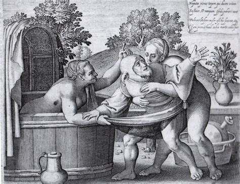 Two Women Try To Entice Fool Into Bath With Them Print Engraved By