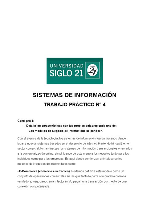 TP4 Sist de info Studocu SISTEMAS DE INFORMACIÓN TRABAJO PRÁCTICO