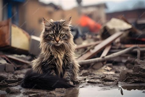 Premium AI Image | Alone and hungry domestic cat after disaster on the ...