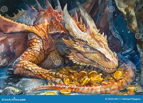 Watercolor Of A Mighty Dragon Protecting Its Treasure Stock