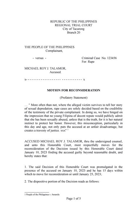 Motion For Reconsideration Republic Of The Philippines Regional Trial