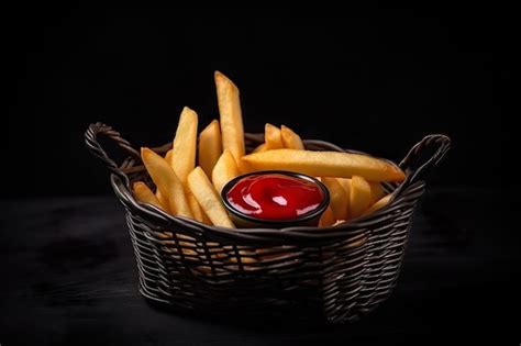 Una Canasta De Papas Fritas Con Ketchup Dentro Foto Premium