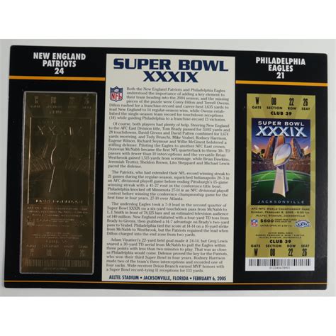 Super Bowl Xxxix Commemorative Scorecard With Kt Gold Ticket