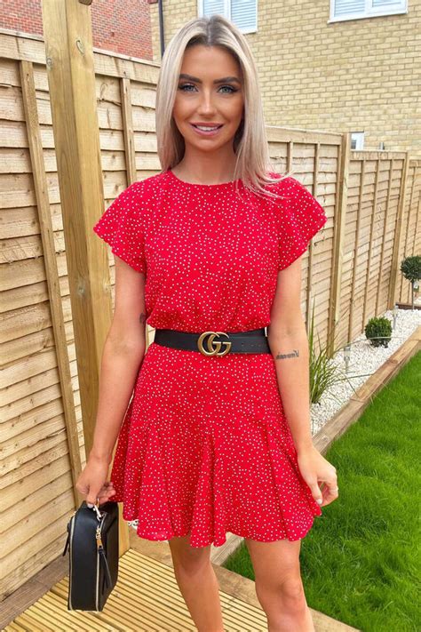 Red Polka Dot Frill Sleeve Skater Dress Ax Paris Us