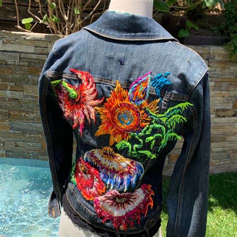 Hand Embroidered Flower Jacket Cropped Demin Flower Jacket Etsy