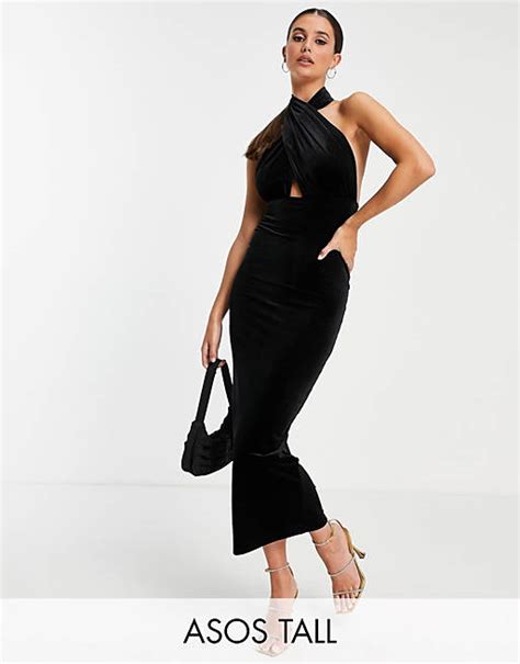 Asos Design Tall Velvet Halter Cross Front Maxi Dress In Black Asos