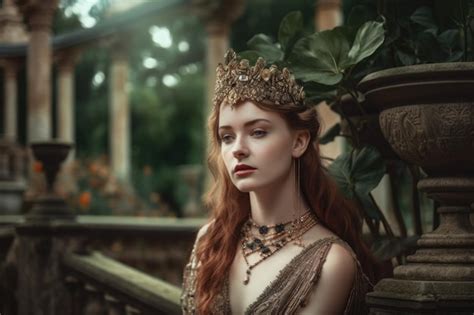 Premium Photo Regal Woman With A Crown Of Gems In A Palace Garden