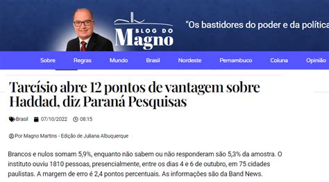 Blog do Magno cita pesquisa realizada pela Paraná Pesquisas Paraná