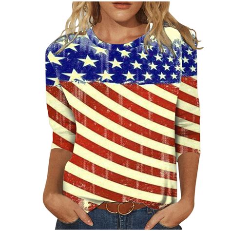 Wangxldd 4th Of July Top For Women Three Quarter Sleeve Star Stripes American Flag Graphic Tees