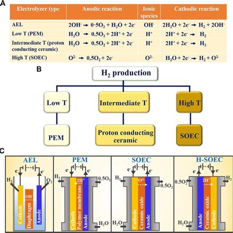 A) Ionic species for different types of electrolyzers. (B ...