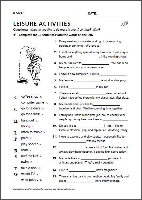 Leisure Relaxing Activities Worksheet Learn English English