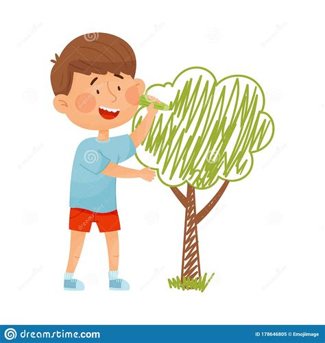 Smiling Boy Drawing Tree With Felt Pen On The Wall Vector Illustration