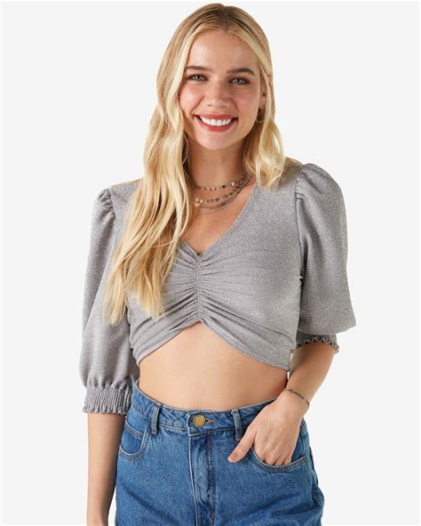 Riachuelo Blusa Cropped Feminina Manga Bufante Lurex Cinza Claro