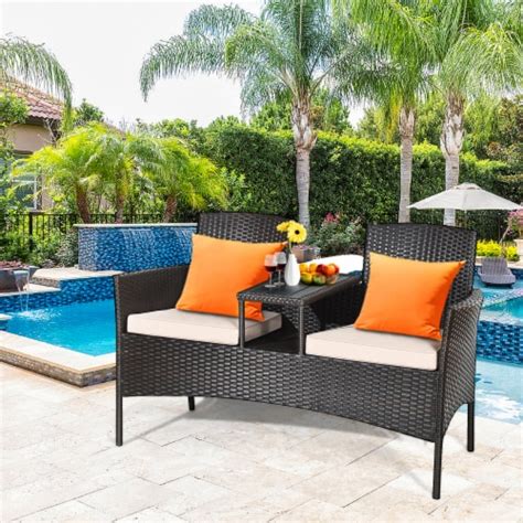 Gymax Cushioned Rattan Wicker Patio Conversation Set W Loveseat Table