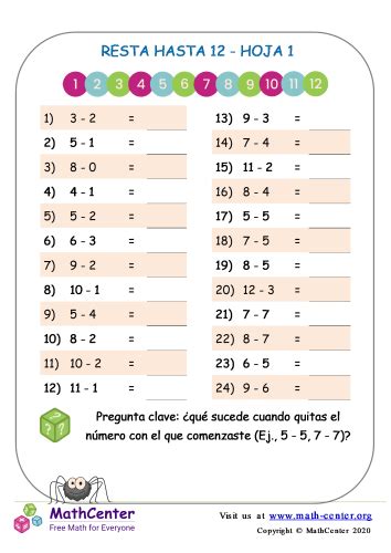 12 Resta Hasta 12 Hoja 1 Hojas De Trabajo Math Center