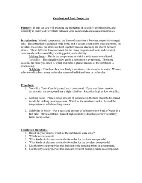 Covalent and Ionic Properties