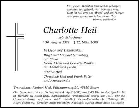 Traueranzeigen Von Charlotte Heil Trauer In NRW De