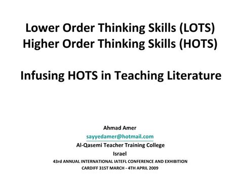 Ppt Lower Order Thinking Skills Lots Higher Order Thinking Skills Hots Infusing Hots In