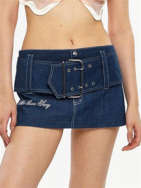 Emmiol Free Shipping 2024 Buckle Belted Denim Cargo Mini Skirt Blue M