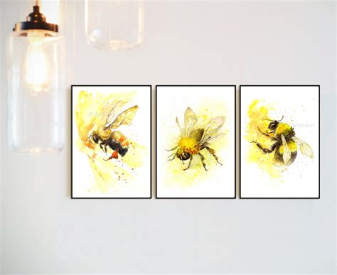 Bumble Bee Print Set Of 3 Bee Prints Insect Prints Bee Watercolor