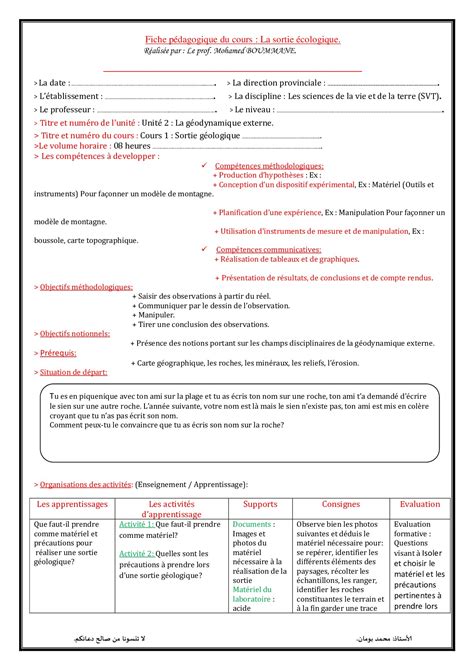 La Sortie Géologique Fiche Pédagogique Alloschool