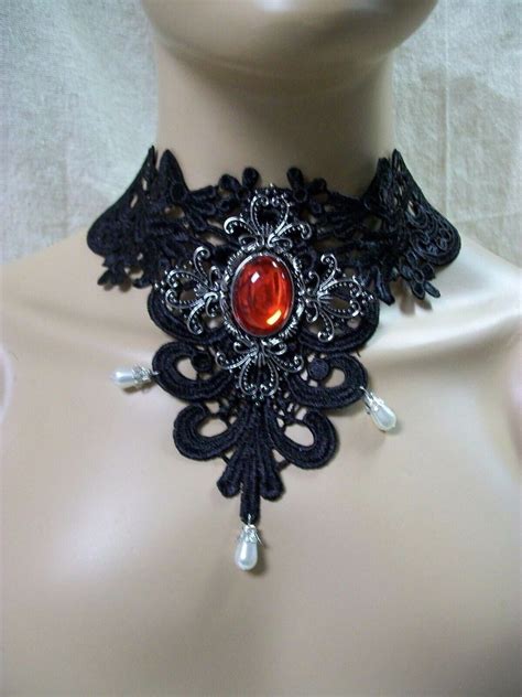 Gothic Black Lace Necklace Medallion Choker Collar Victorian Steampunk ...