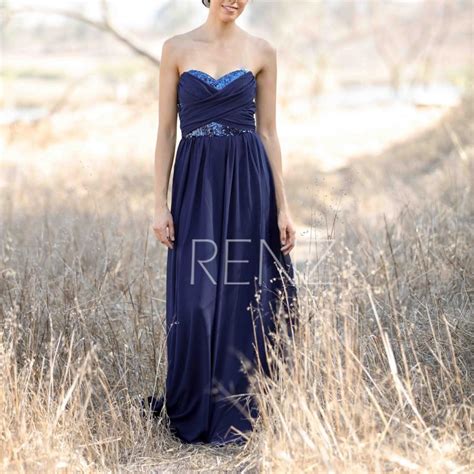 2015 Long Navy Blue Bridesmaid Dress Beaded Sequin Wedding Dress