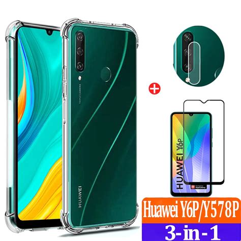 3 In 1 Huawei Y5P Y6P Y7P 2020 Silicone Phone Case Glass Camera Airbag