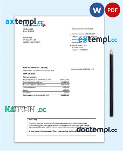 Sample Usa Bank Of America Bank Statement Easy To Fill Template In Word