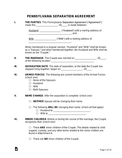 Free Pennsylvania Separation Agreement Template Pdf Word Eforms