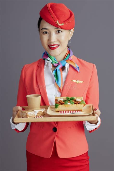 Happy Stylish Asian Female Flight Attendant Isolated On Gray Stock