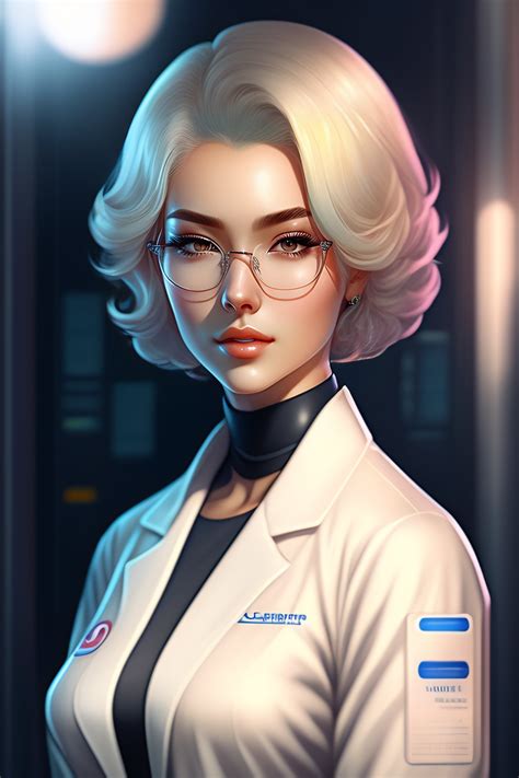 Lexica Beautiful Anime Girl With Short White Hair Wearing Lab Coat And Glasses Holding A