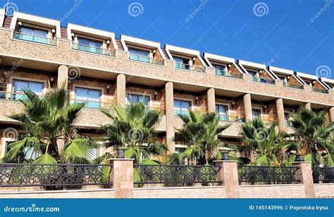 Hotel Building And Palms In Kemer City Street Antalya Turkey Stock